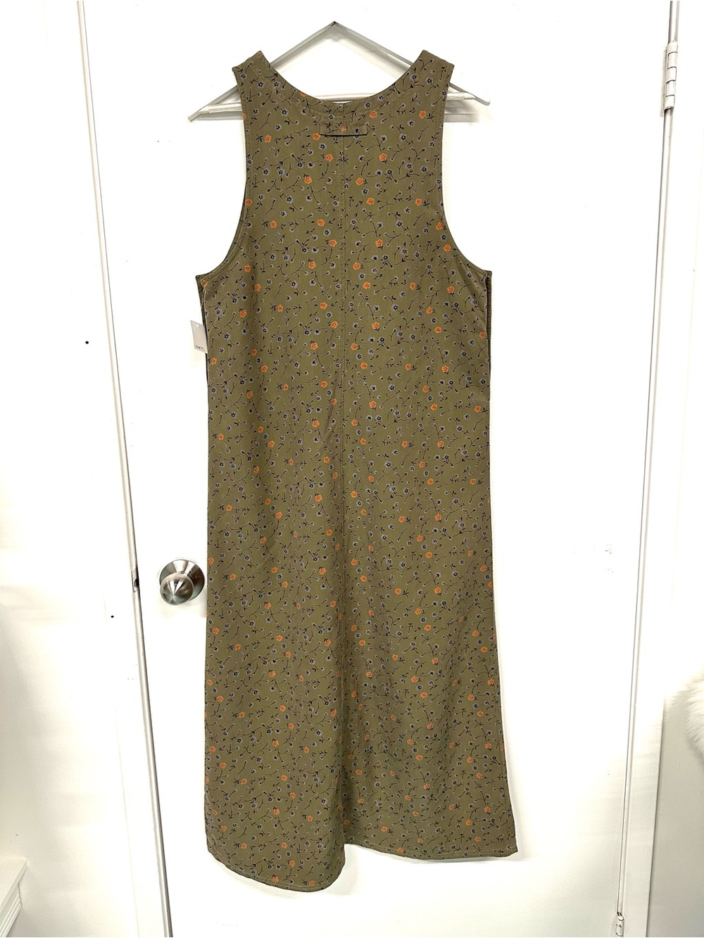 True Vintage 90s Ditsy Floral Maxi Jumper Olive Dress Pinafore Medium Prairie - Picture 4 of 9